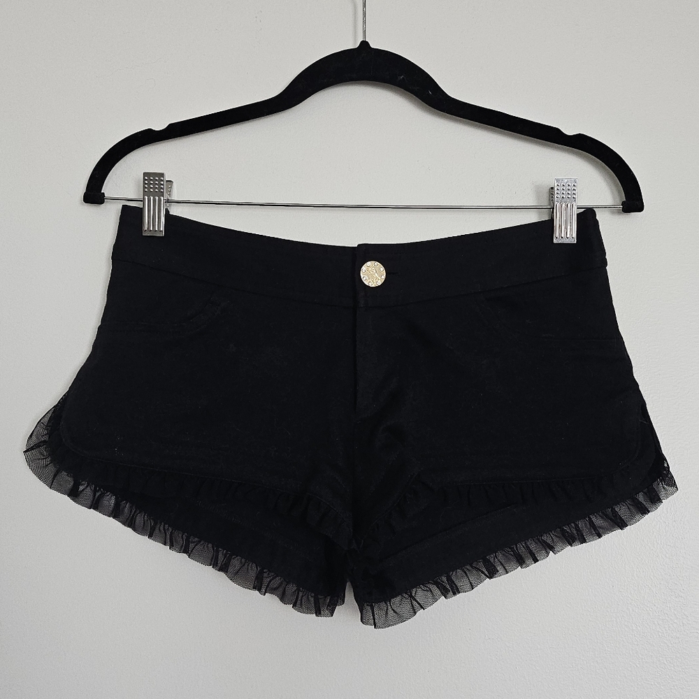 Ma*rs Gyaru Stretchy Black Ruffle Trim Low Rise Shorts With Gold Buttons Agejo